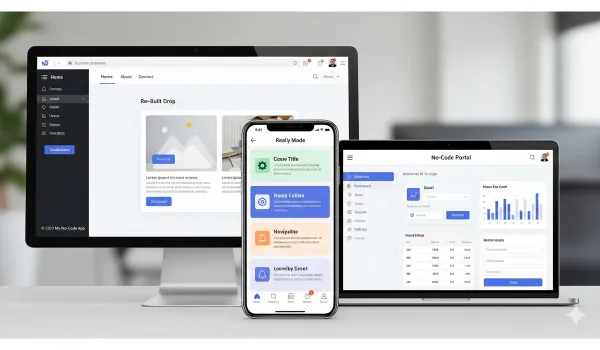 Web app, mobile app, and portal interface examples created with no-code tools.