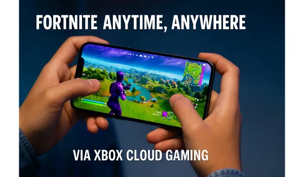 Xbox Cloud Gaming Fortnite on a smartphone using Xbox Cloud Gaming, showcasing mobile gaming flexibility.