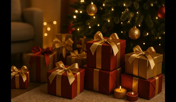 Christmas gift ideas in USA under $50 that look expensive with beautifully wrapped boxes under a tree.