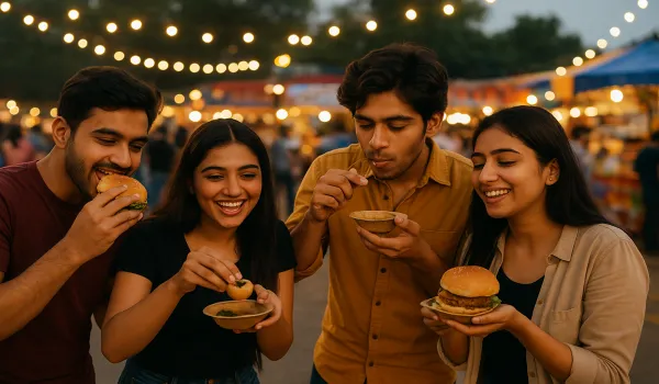 Indian millennials enjoying American fast food vs Indian street food fusion dishes.