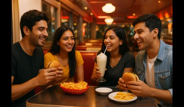 Indian millennials enjoying American food culture at a diner.