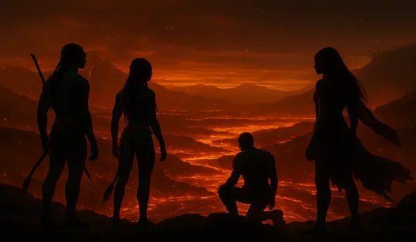 Avatar Fire and Ash cast and crew main trio on volcanic cliffs with glowing magma.
