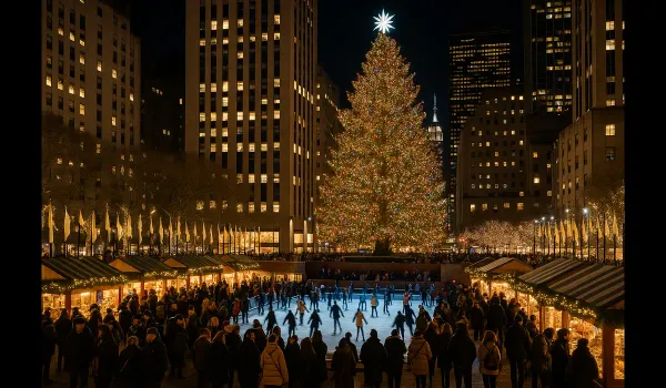 Christmas Events in USA – Rockefeller Center market at night.