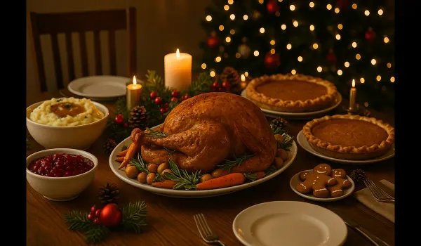 Traditional Christmas dinner featuring roast turkey, mashed potatoes, and cranberry sauce – authentic Christmas food in USA.