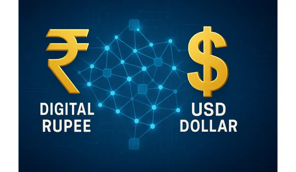 Crypto vs. Digital Rupee concept showing India and the U.S. digital currency connection.