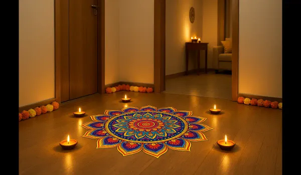 Diwali Rangoli sticker designs for apartments & offices with vibrant mandala pattern and diyas.