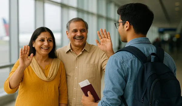 Indian parents supporting child for education USA journey.