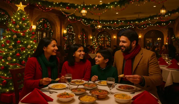 Indian restaurants in USA serving festive Christmas dinner to Indian families.