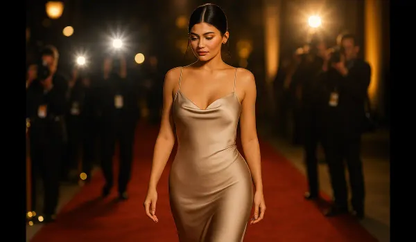 Kylie Jenner casual red carpet fashion inspiration in neutral silk gown with paparazzi lights.