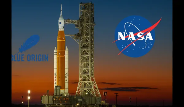NASA Moon Mission Contract Blue Origin Update 2025 rocket on launchpad.