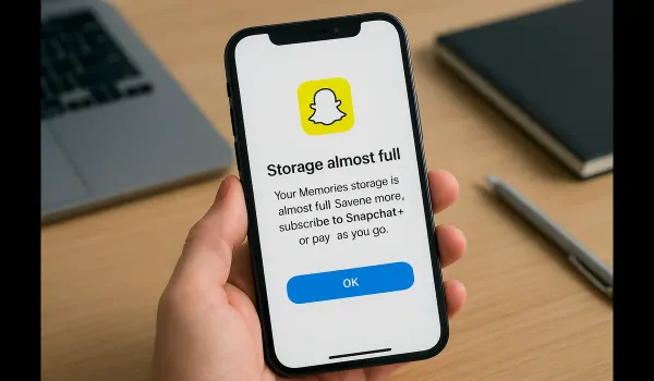 Snapchat charging for memories 2025 — storage alert on smartphone screen.