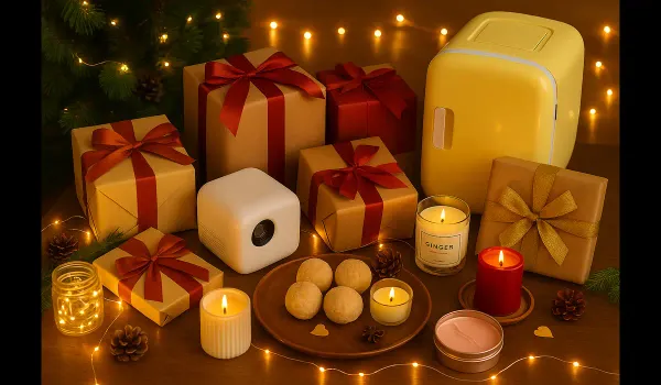 Tech-savvy Christmas gift ideas in USA on a festive holiday table.