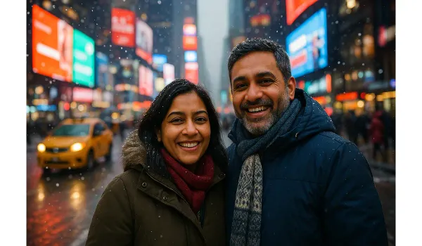 Indian travelers exploring USA in winter 2025 at Times Square – Travel Guide for Indians Exploring USA.
