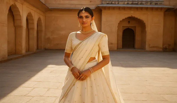 Indian bride embracing USA minimalist fashion in ivory silk lehenga.
