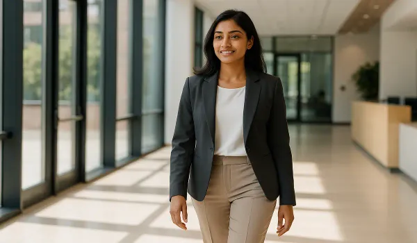 showing workwear fashion for Indian women in a modern office lobby.