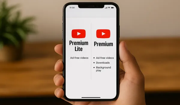 YouTube Premium Lite India features vs YouTube Premium comparison on smartphone.