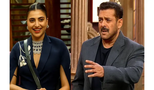 Split-screen image of Salman Khan addressing contestants and Elle smiling confidently during Bigg Boss 19 Weekend Ka Vaar.