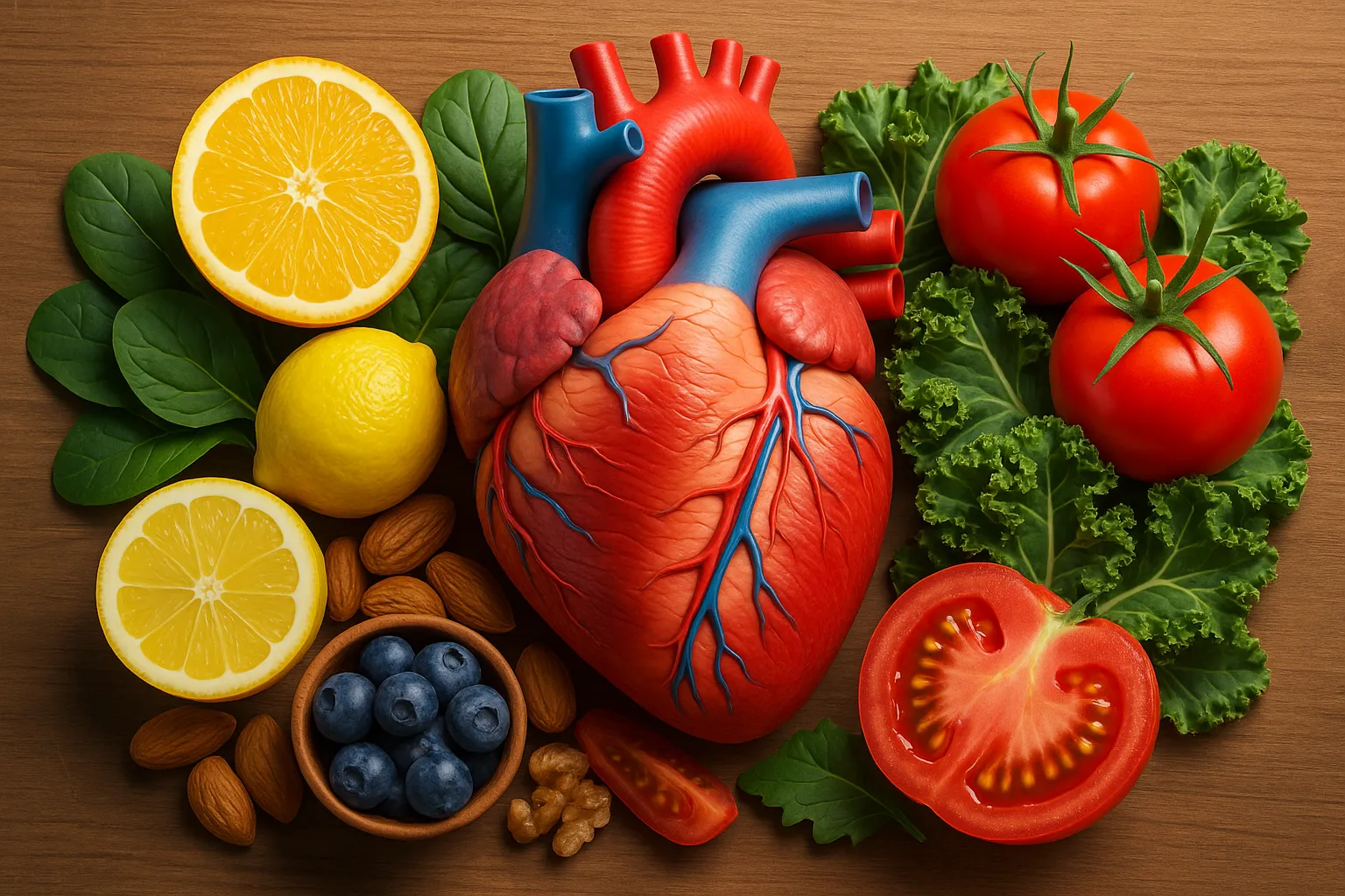 Antioxidants protecting heart health with citrus fruits, tomatoes, and leafy greens in a 3D medical illustration.