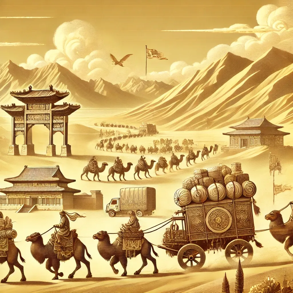 A depiction of the Silk Road, featuring ancient caravans traveling across deserts and mountains, with silk, spices, and other trade goods, symbolizing the cultural and trade exchange along this historic route.