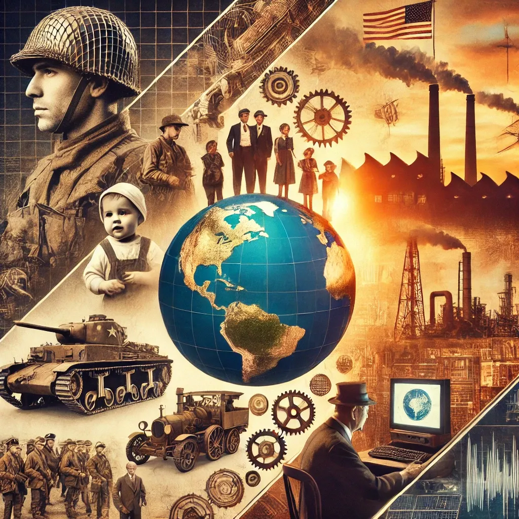 A collage depicting World War II's impact on modern society, featuring elements like soldiers, factories, families, and post-war reconstruction to symbolize the war's influence on today's world.