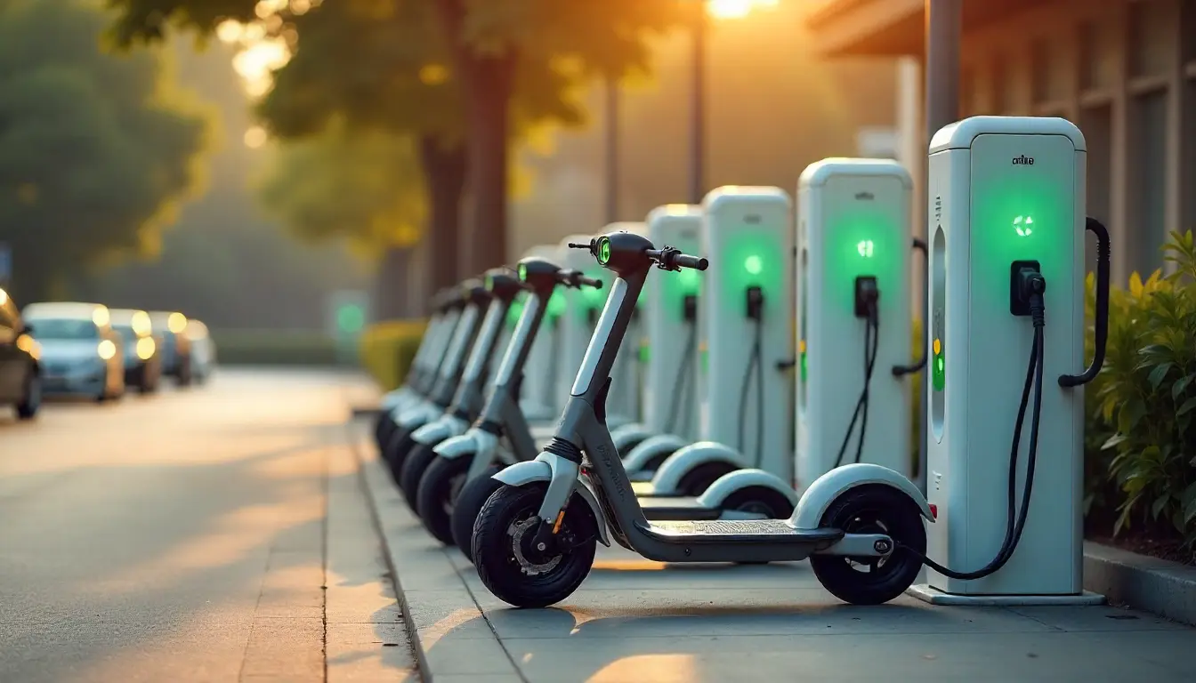 Electric scooter charging station in India with multiple parked scooters.