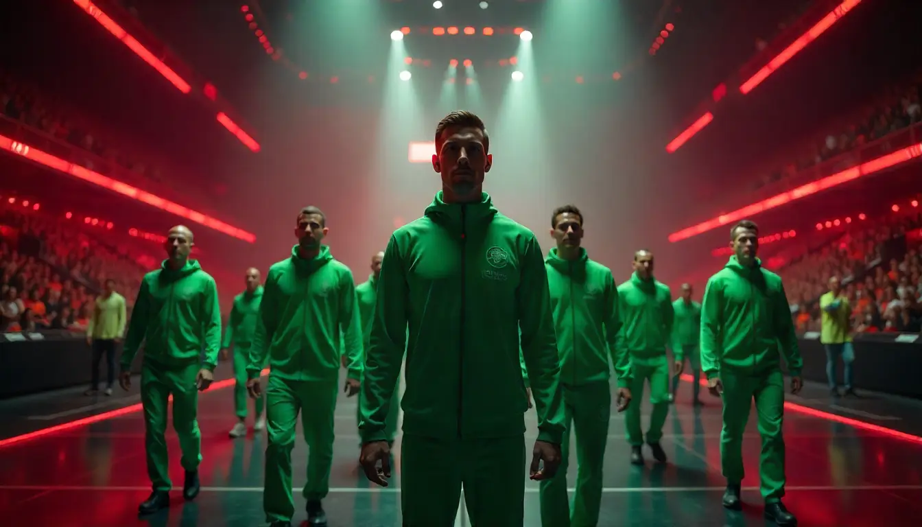 Squid Game players in green tracksuits waiting inside a dark game arena