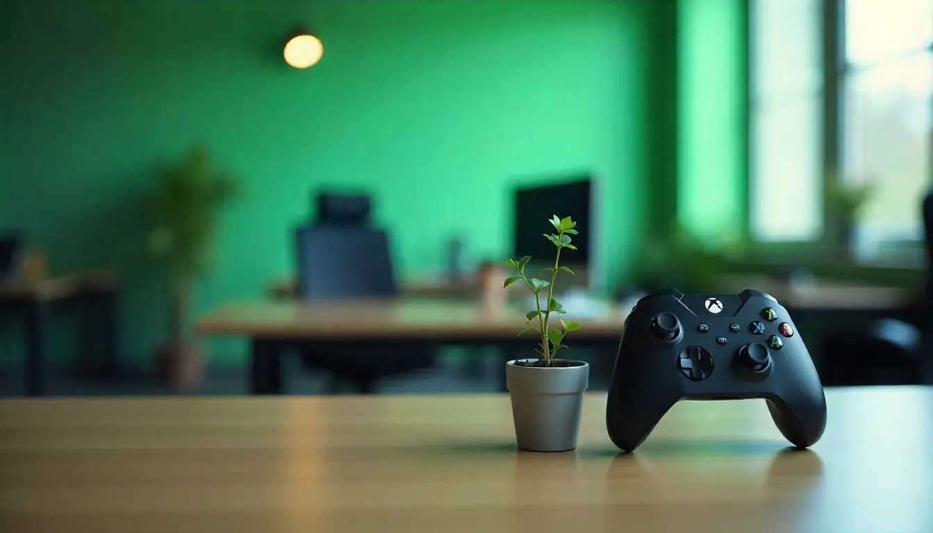 Xbox controller on empty desk after layoffs.