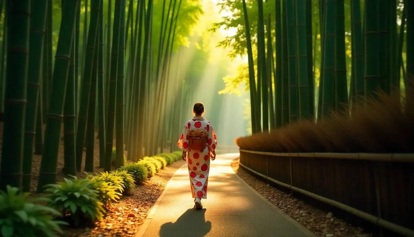 Solo woman exploring bamboo forest in Kyoto