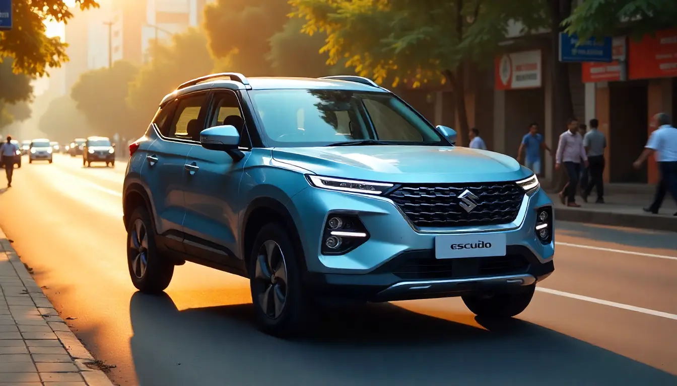 Maruti Escudo Hybrid SUV front view in metallic blue with modern LED headlights