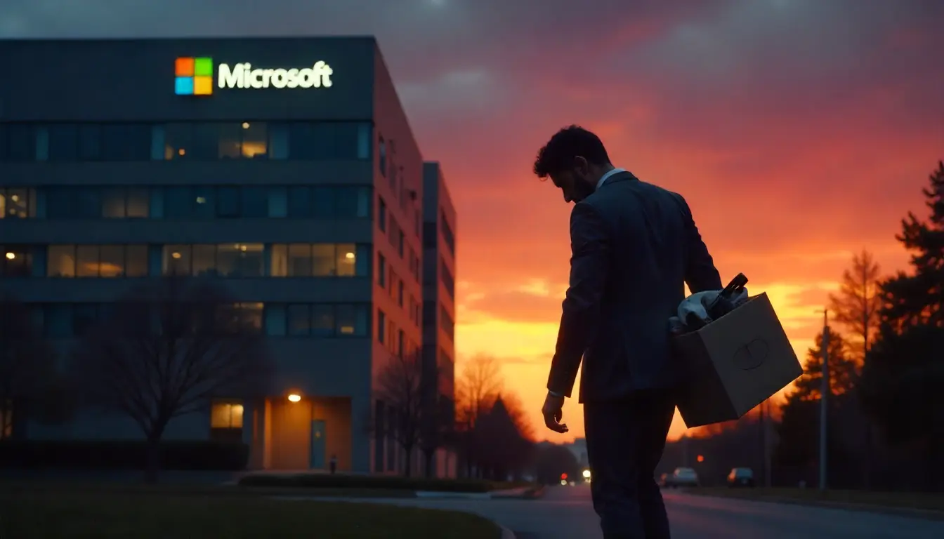Employee leaving Microsoft Xbox headquarters after layoffs.