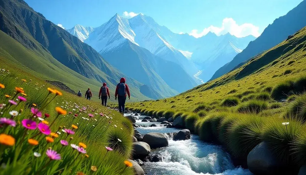 Scenic view of a trekking trail in the Himalayas surrounded by snow-capped peaks.