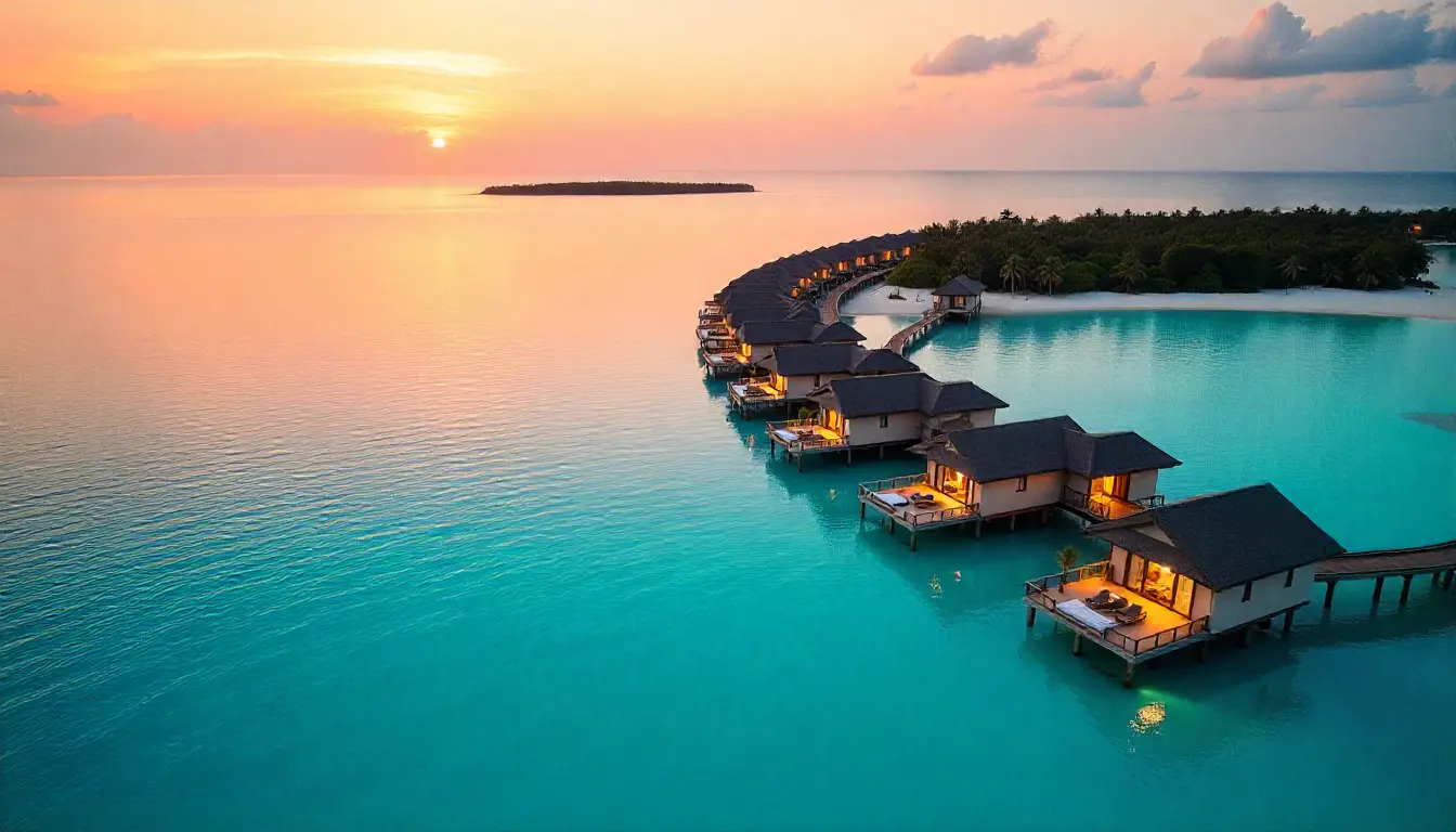 "Aerial view of the Maldives islands with turquoise waters, luxury overwater bungalows, and pristine white sand beaches under clear blue skies."
