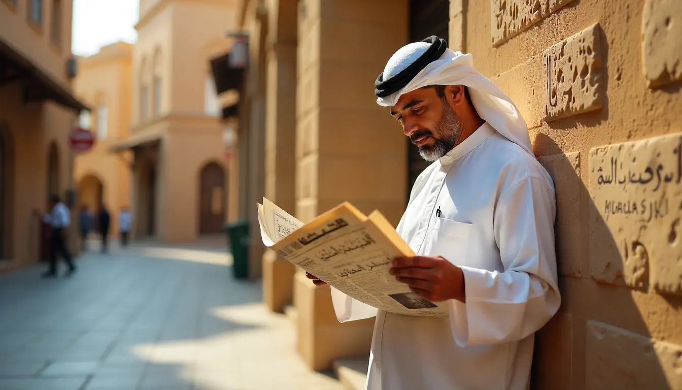 Traditional Qatari man reading newspaper in Souq Waqif