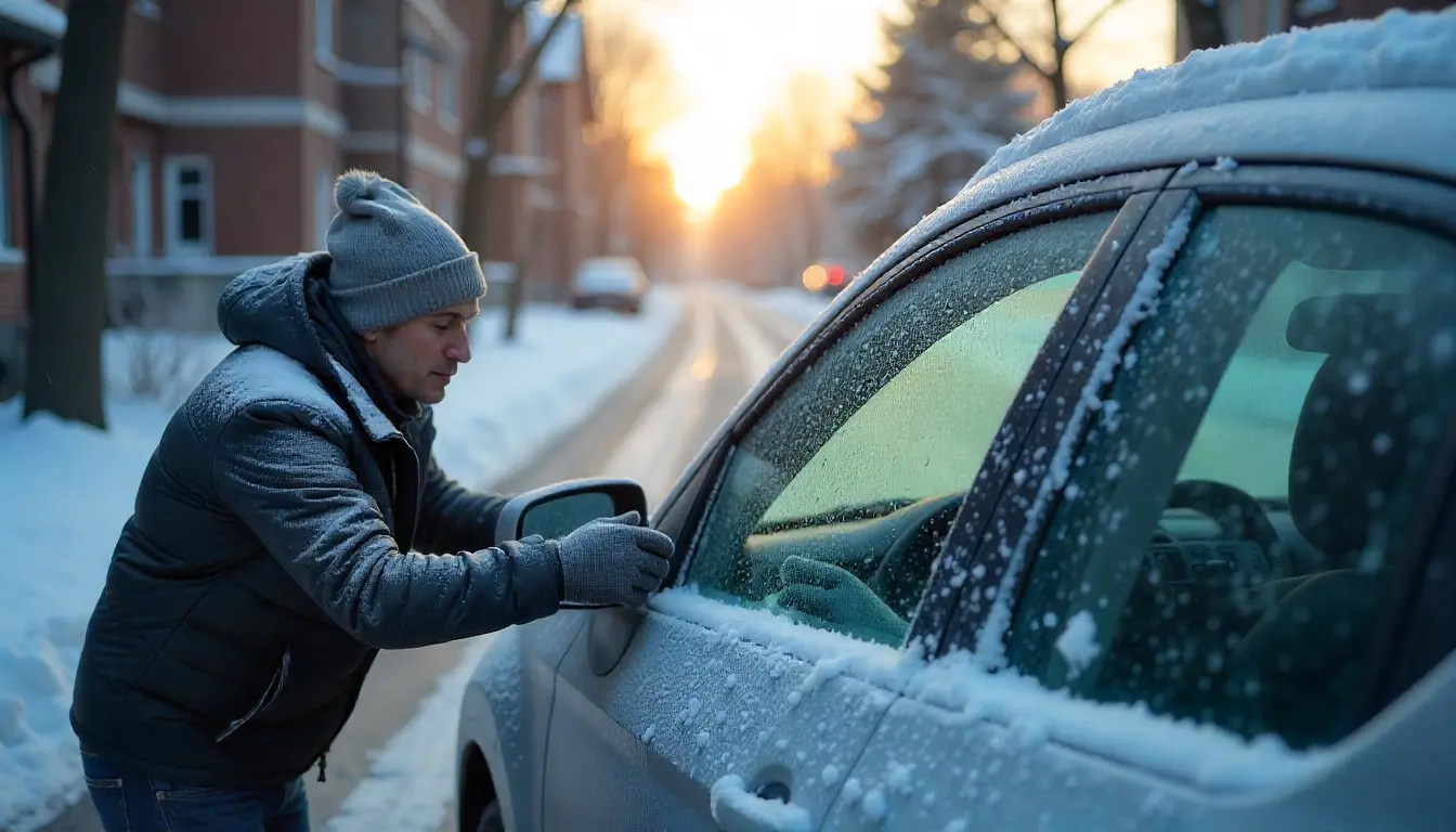 Man scraping ice from windshield of a car during winter morning.