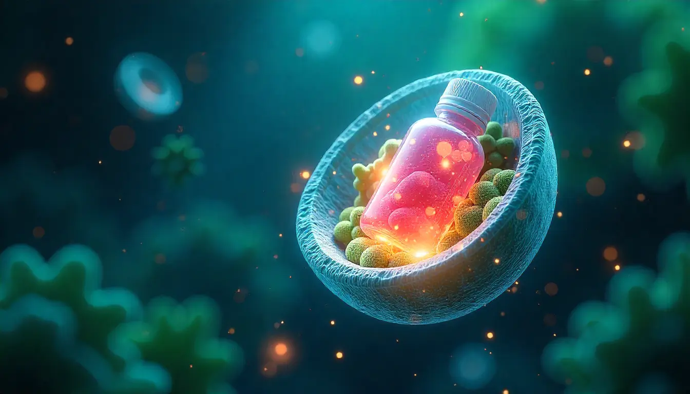 Mitochondrial supplement concept – glowing capsule inside a cell representing energy and vitality.