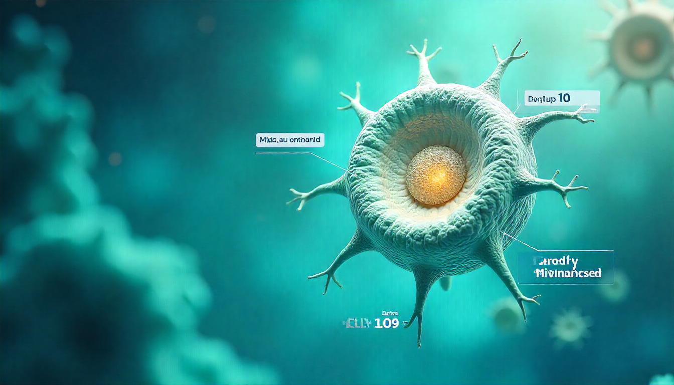 Infographic showing stylized mitochondria with labeled Mitolyn ingredients like maqui berry, rhodiola, and CoQ10 in teal and white design