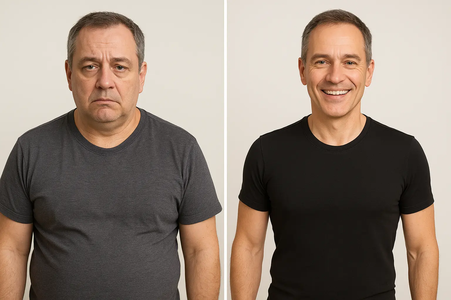 Before-and-after comparison of a man in his 50s, looking tired and heavier in the first image wearing a gray T-shirt, and appearing slimmer, energetic, and smiling in the second image wearing a black T-shirt, illustrating Mitolyn’s fat loss benefits