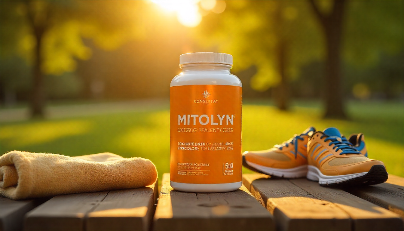 Illustration of glowing mitochondria powered by Mitolyn ingredients like spinach, kale, and broccoli, showing why Mitolyn really works for energy booster and how Mitolyn really works for energy and fat loss with a blue-green backdrop