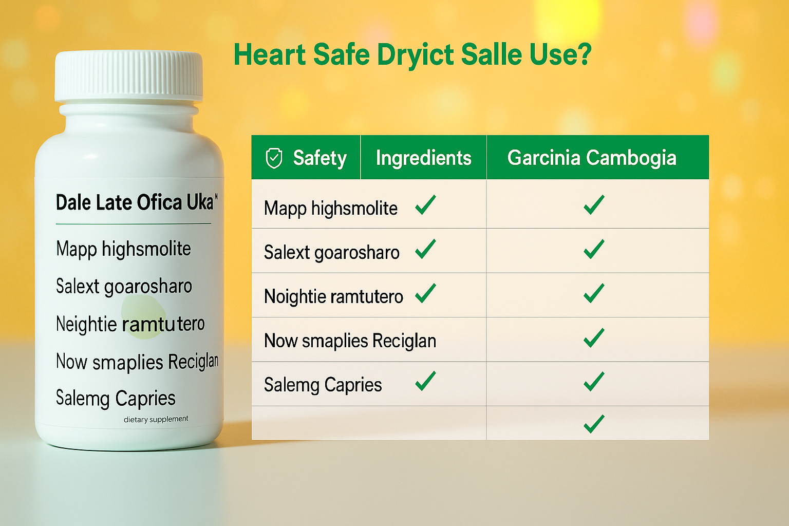 White Garcinia Cambogia supplement bottle with a safety and ingredient comparison chart against a warm yellow bokeh background.