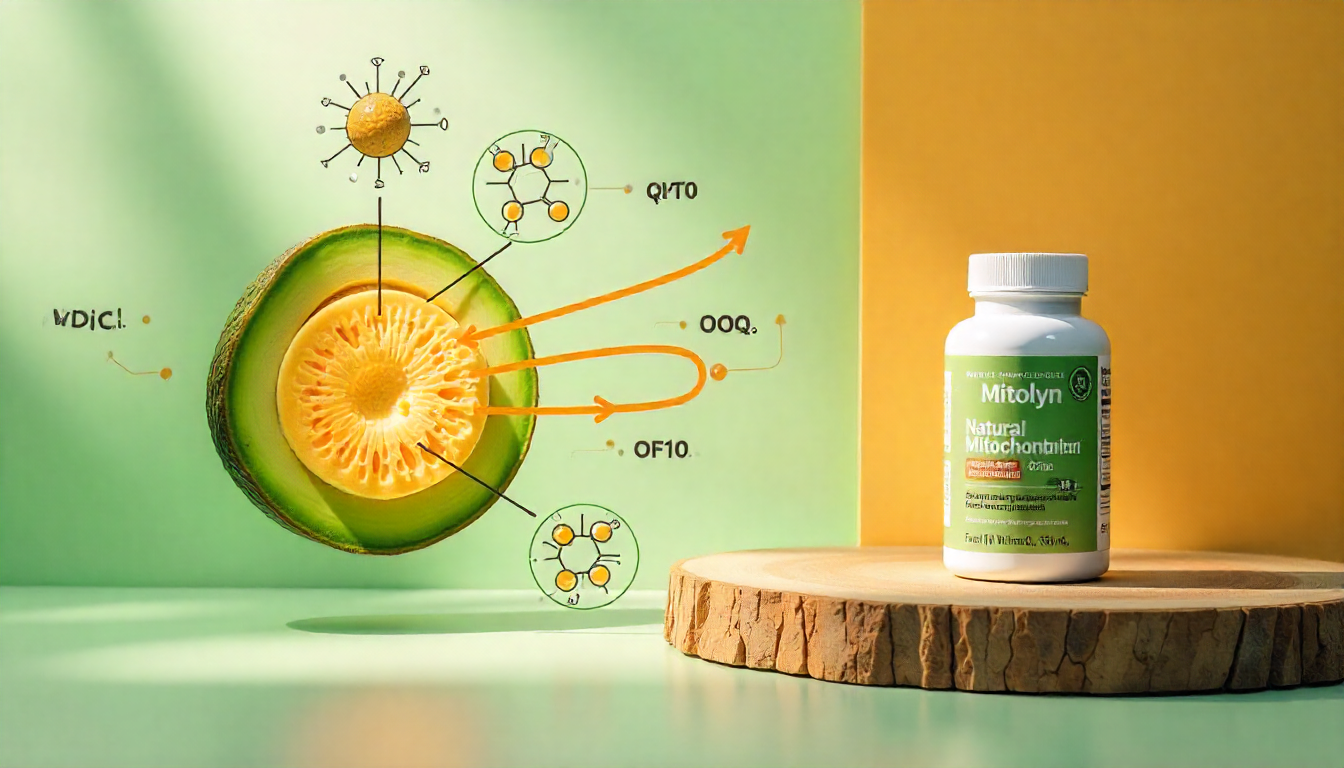 Infographic of a mitochondrion with Mitolyn supplement bottle, illustrating support for mitochondrial health.
