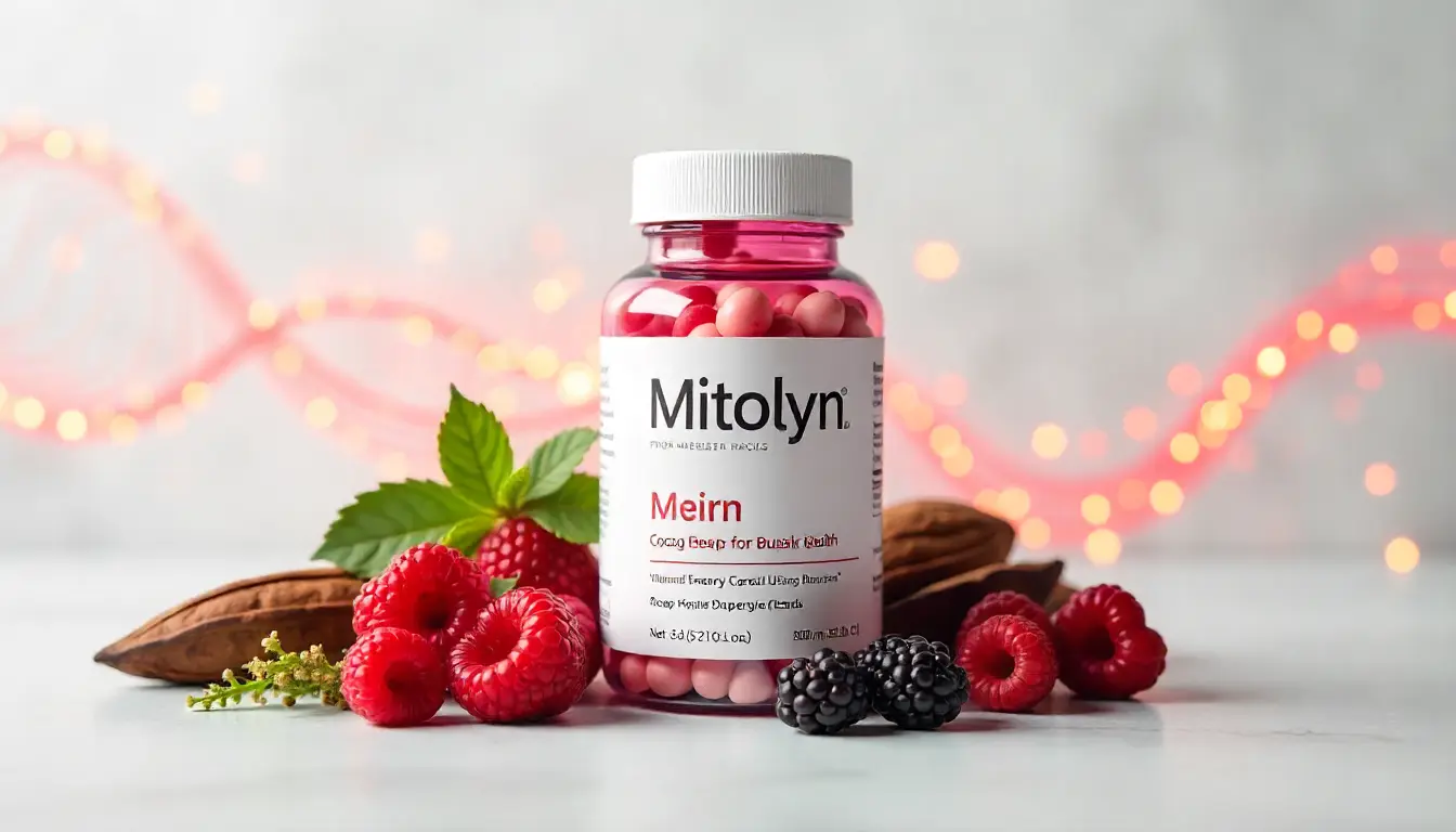 Mitolyn weight loss supplement bottle with berries, cocoa, and herbs highlighting natural ingredients for mitochondrial health
