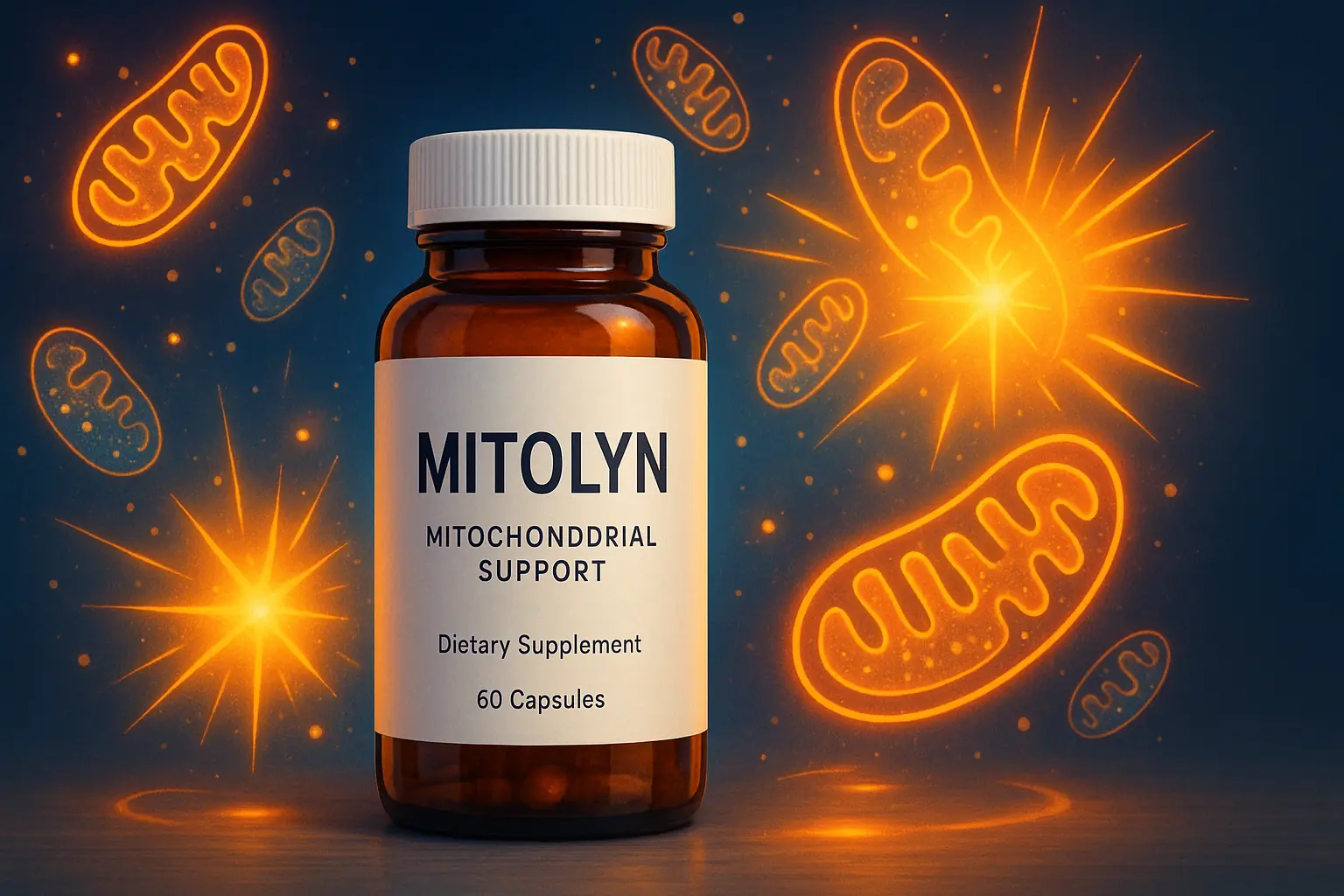 Mitolyn supplement bottle with glowing mitochondria for energy support