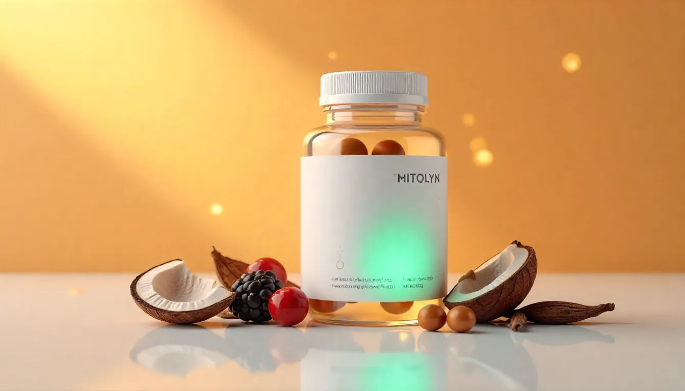 Mitolyn supplement bottle with maqui berries and Rhodiola for energy and weight loss