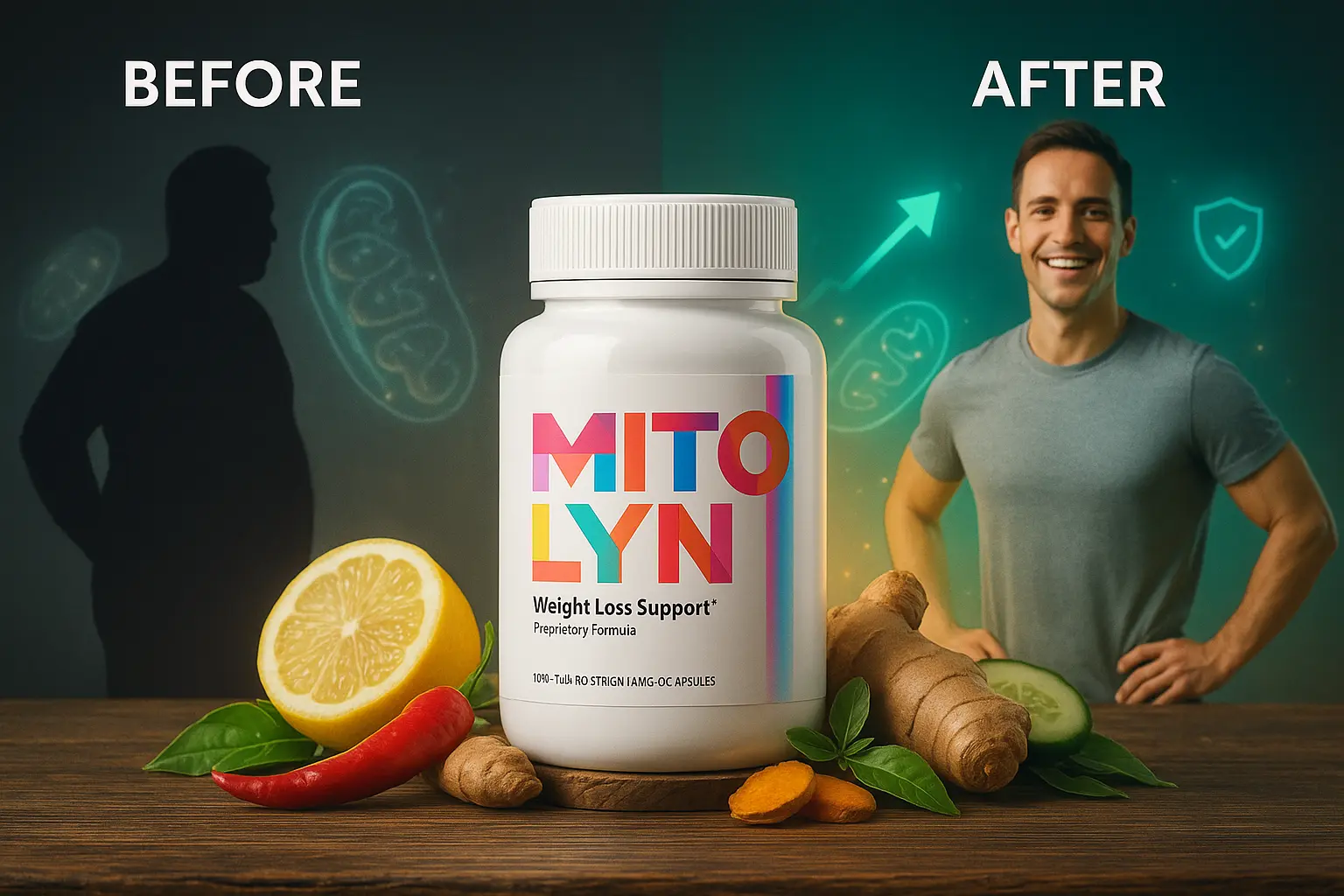 Before-and-after Mitolyn supplement image showing real fat-burning weight loss results