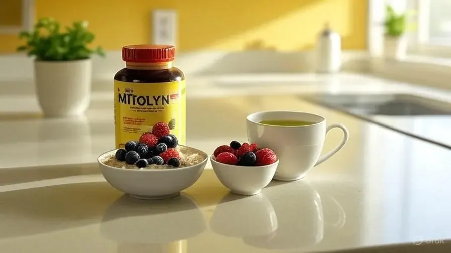 Mitolyn bottle with menopause-friendly breakfast, showing Mitolyn really work for women over 40