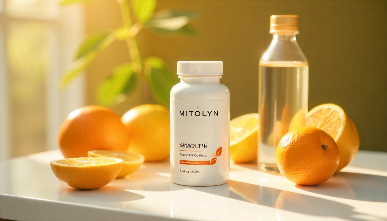 White Mitolyn supplement bottle with glowing mitochondria design background in teal and blue tones symbolizing metabolism, energy, and fat burning.