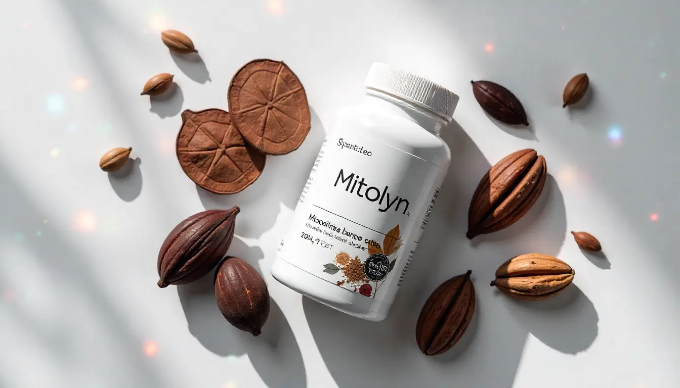 Mitolyn supplement bottle with natural ingredients maqui berry, Rhodiola, and cocoa pods
