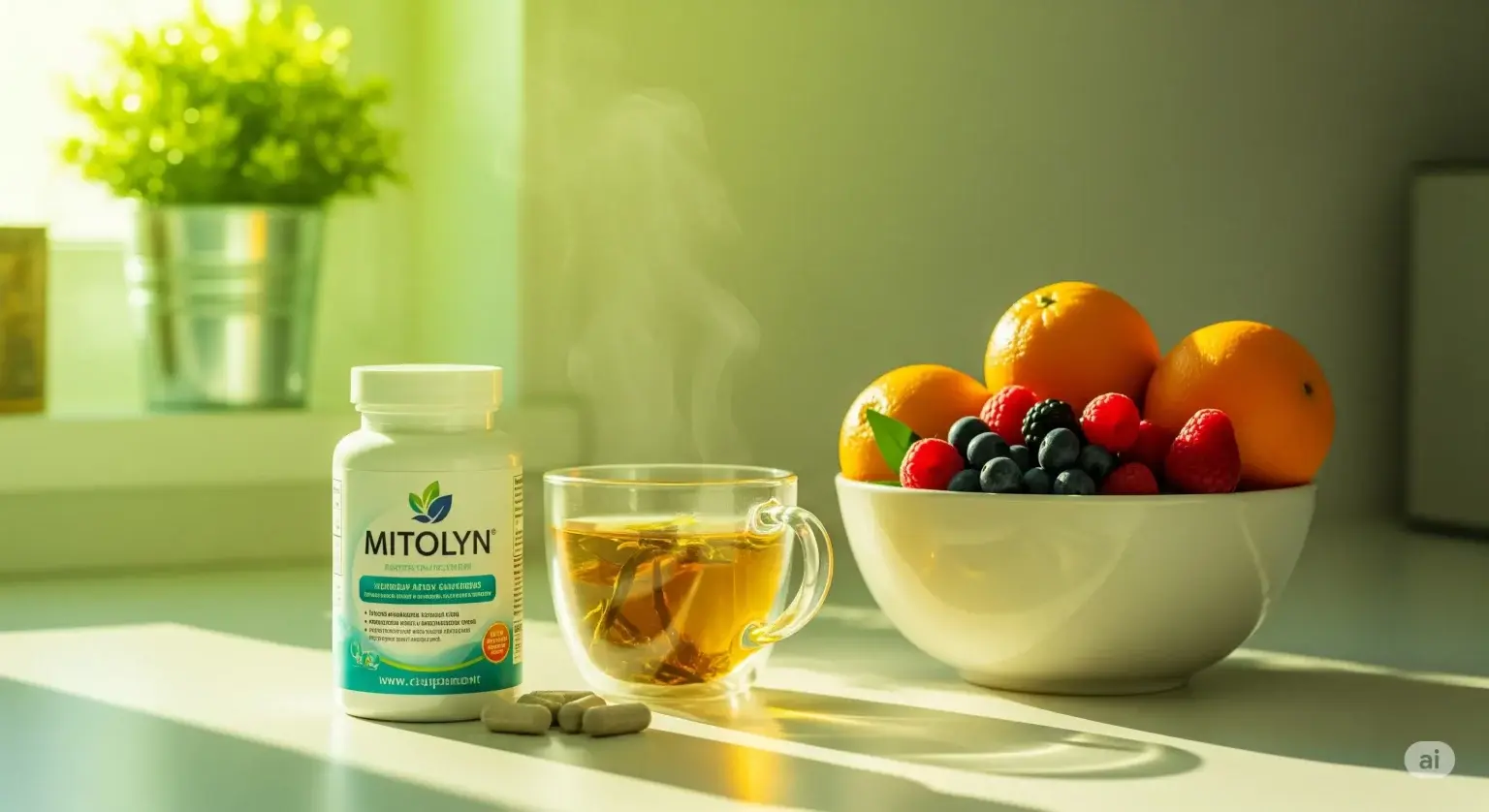 Mitolyn bottle in an energetic morning scene, showing Mitolyn really work for energy