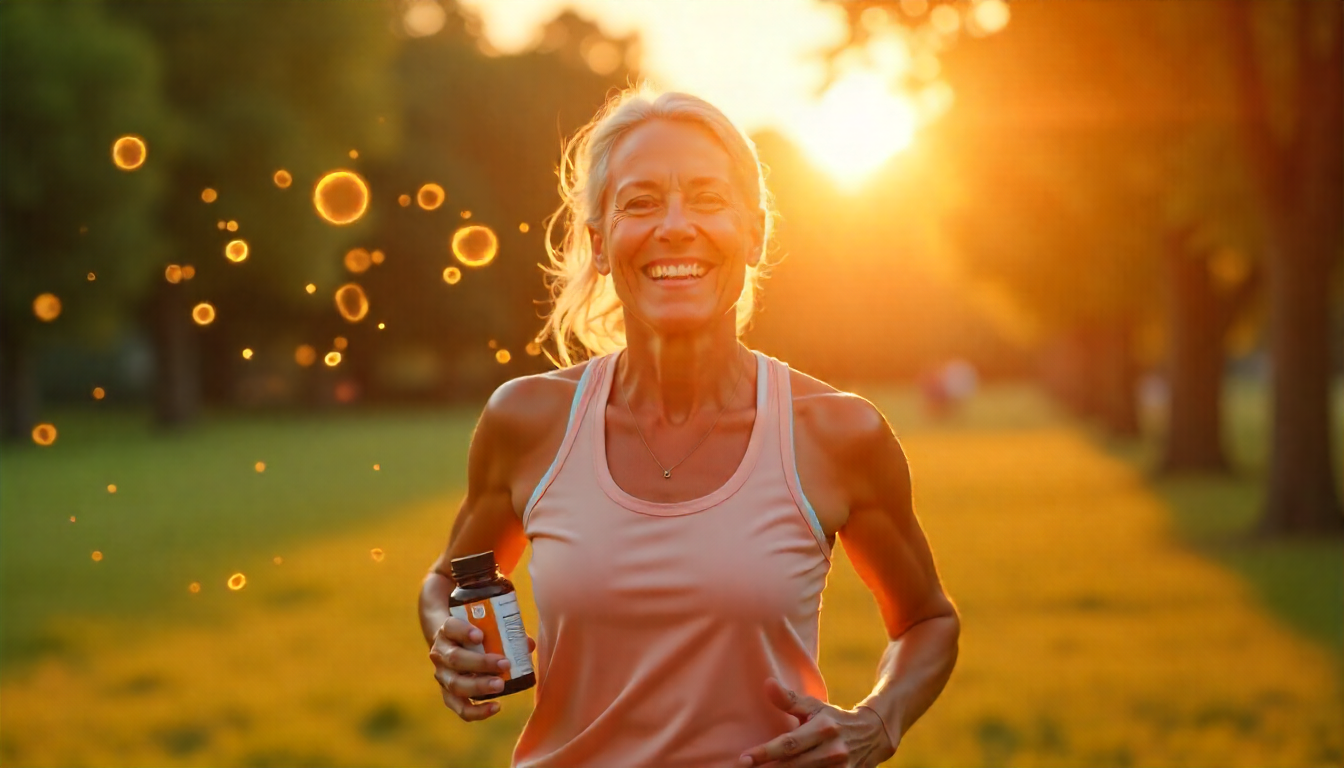 oman jogging with Mitolyn supplement bottle, showcasing energy boost from mitochondrial health support.