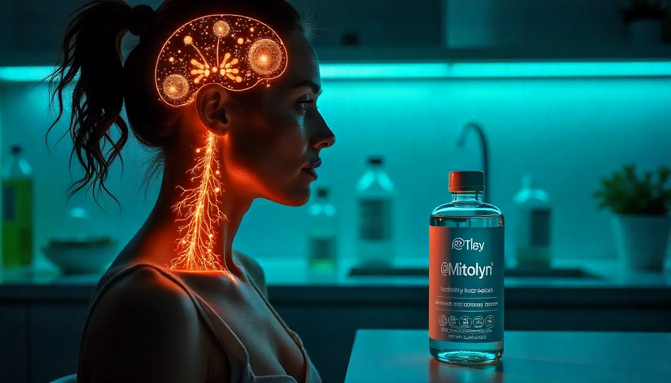 Mitolyn weight loss supplement bottle with natural ingredients like blueberries, raspberries, cocoa beans, and green leaves.